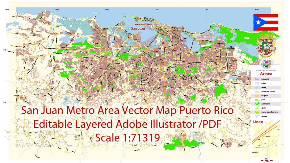 San Juan Metro Area Pdf Map Vector Exact City Plan Puerto Rico Low Detailed Street Map Editable Adobe Pdf In Layers