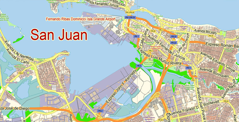 San Juan Metro Area Map Vector Exact City Plan Puerto Rico Low Detailed Street Map Editable