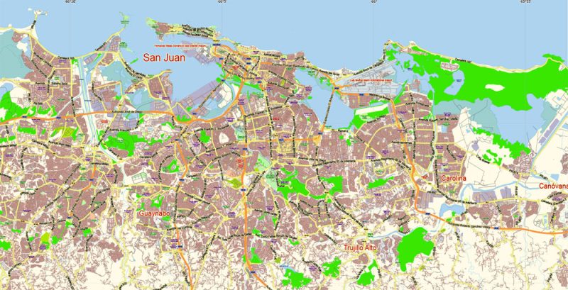San Juan Metro Area Map Vector Exact City Plan Puerto Rico low detailed Street Map editable Adobe Illustrator in layers