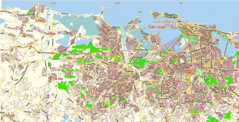 San Juan Metro Area Map Vector Exact City Plan Puerto Rico low detailed Street Map editable Adobe Illustrator in layers