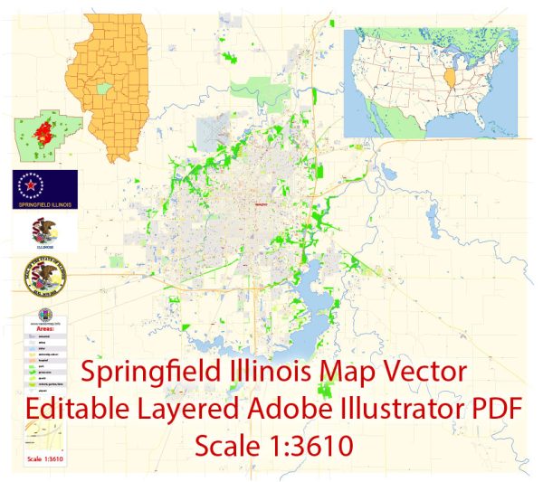 Springfield Illinois Map Vector Exact City Plan detailed Street Map editable Adobe Illustrator in layers