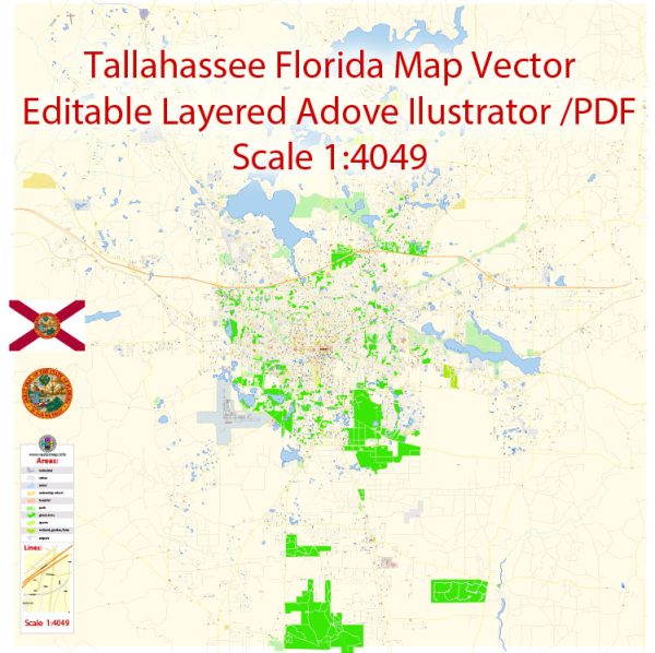 Tallahassee Map Vector Exact City Plan Florida US detailed Street Map editable Adobe Illustrator in layers