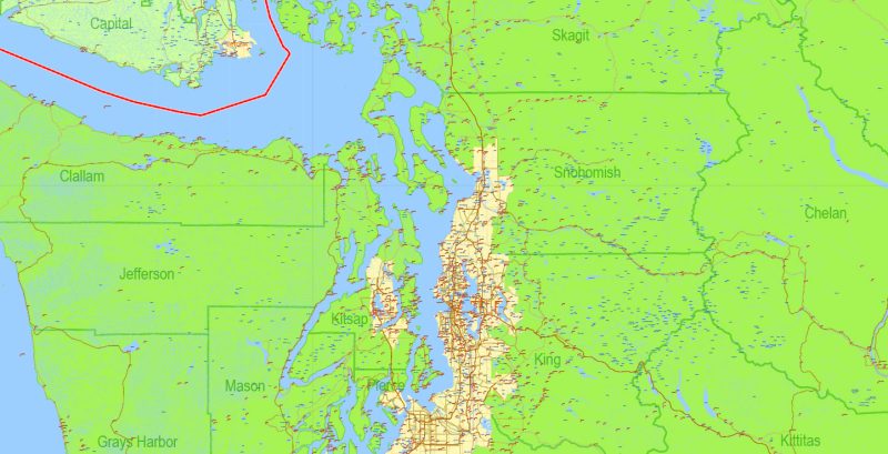 US NW part + Canada SW part Map Vector Exact Road Admin detailed Map editable Adobe Illustrator in layers