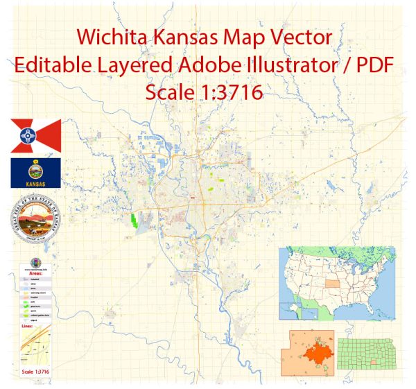 Wichita Map Vector Exact City Plan Kansas detailed Street Map editable Adobe Illustrator in layers