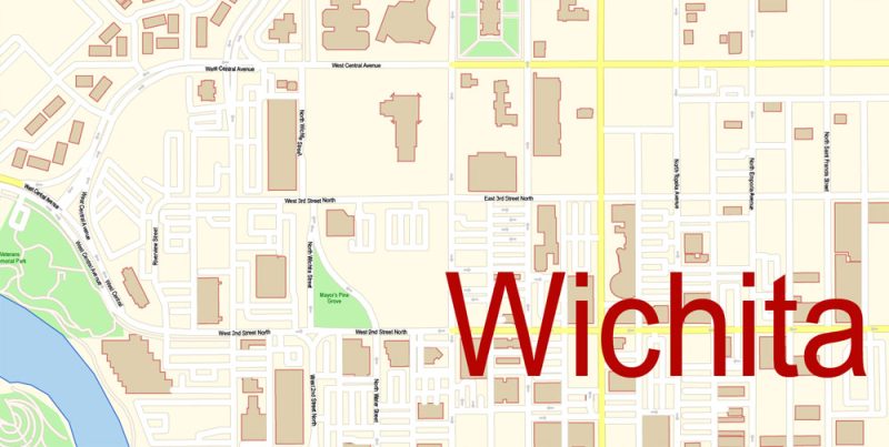Wichita Map Vector Exact City Plan Kansas US detailed Street Map editable Adobe Illustrator in layers
