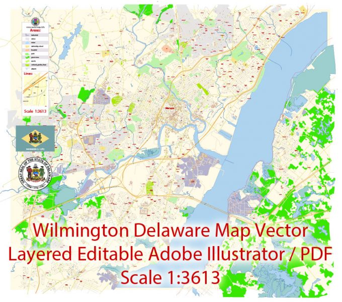 Wilmington PDF Map Vector Exact City Plan Delaware US detailed Street Map editable Adobe PDF in layers