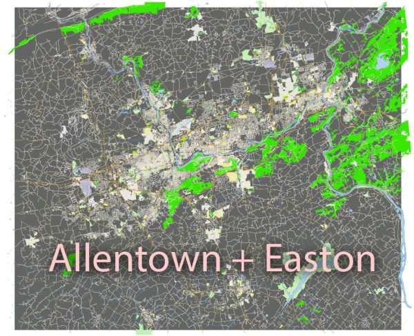 Allentown + Easton Pennsylvania US: Free download vector map of Allentown + Easton Pennsylvania in Ai, PDF, SVG