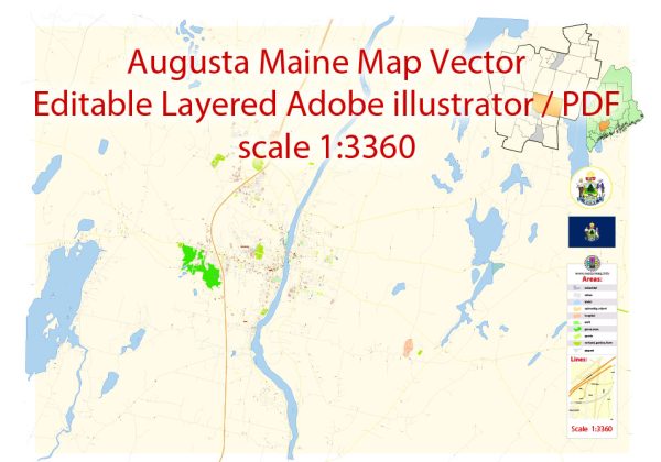 Augusta Maine Map Vector Exact City Plan detailed Street Map editable Adobe Illustrator in layers