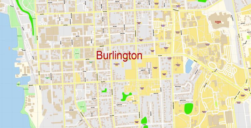 Burlington Vermont Map Vector Exact City Plan detailed Street Map editable Adobe Illustrator in layers