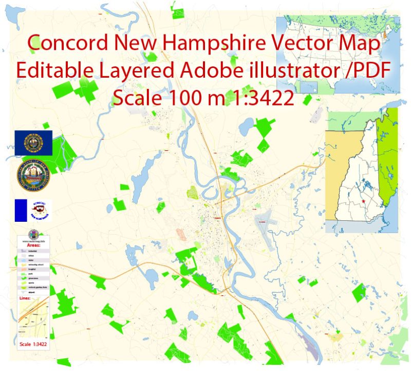 Concord New Hampshire Map Vector Exact City Plan detailed Street Map editable Adobe Illustrator in layers