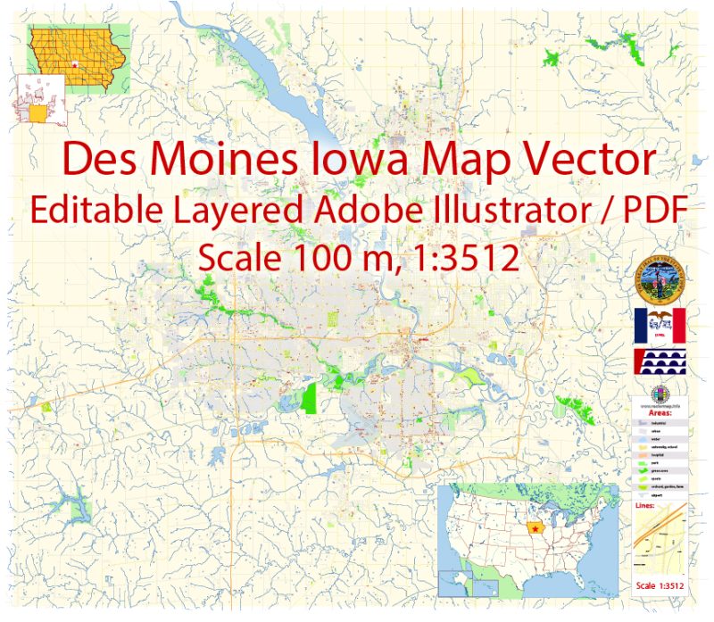Des Moines Iowa Map Vector Exact City Plan detailed Street Map editable Adobe Illustrator in layers