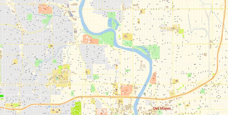 Des Moines Iowa Map Vector Exact City Plan detailed Street Map editable Adobe Illustrator in layers