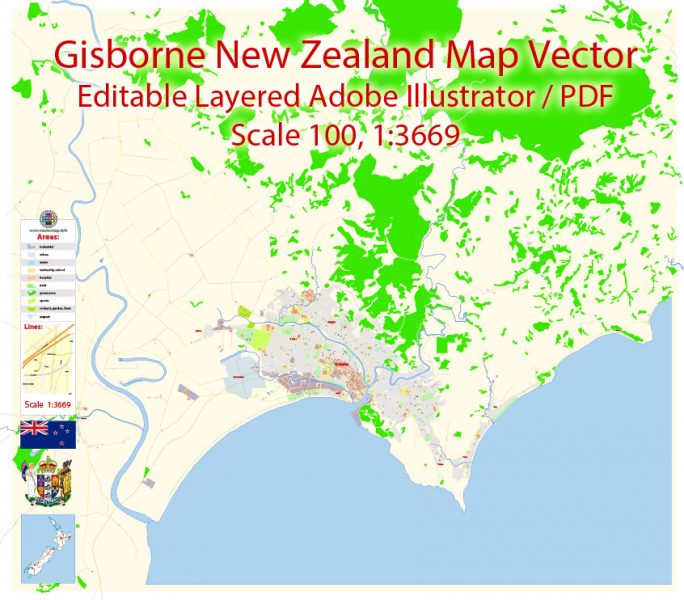 Gisborne New Zealand Map Vector Exact City Plan detailed Street Map editable Adobe Illustrator in layers