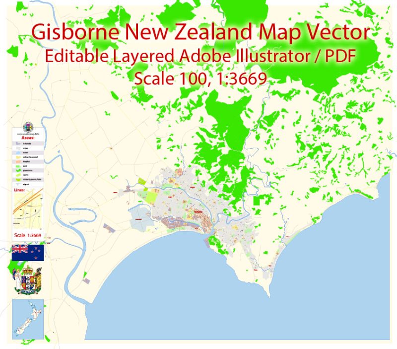 Gisborne New Zealand Map Vector Exact City Plan detailed Street Map editable Adobe Illustrator in layers