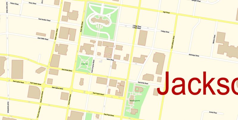 Jackson Mississippi Map Vector Exact City Plan detailed Street Map editable Adobe Illustrator in layers