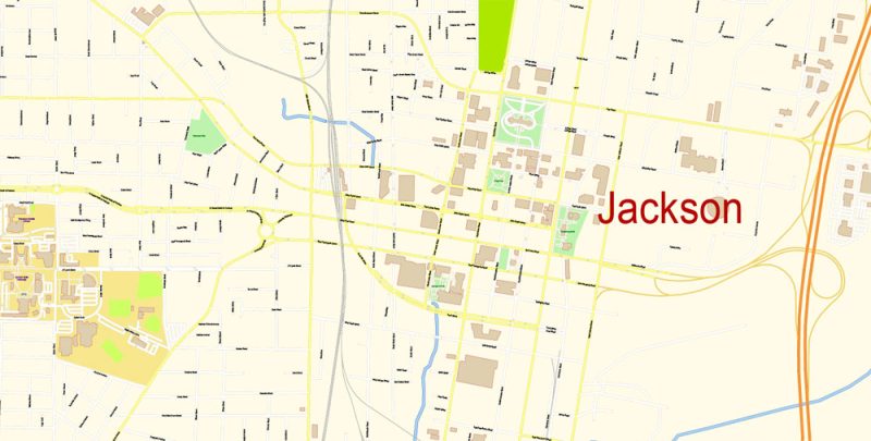Jackson Mississippi Map Vector Exact City Plan detailed Street Map editable Adobe Illustrator in layers