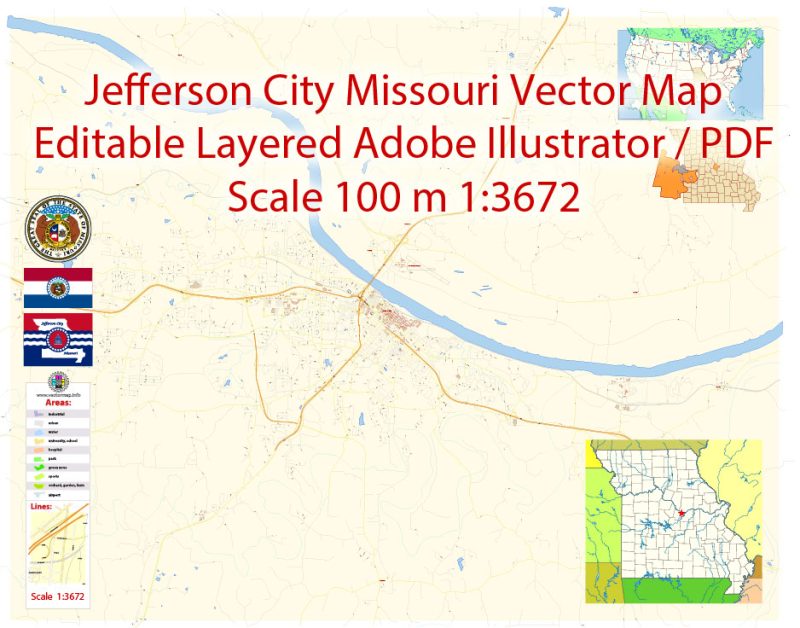 Jefferson City Missouri Map Vector Exact City Plan detailed Street Map editable Adobe Illustrator in layers