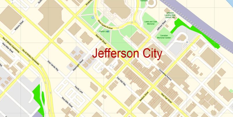 Jefferson City Missouri Map Vector Exact City Plan detailed Street Map editable Adobe Illustrator in layers