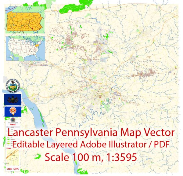 Lancaster Pennsylvania Map Vector Exact City Plan detailed Street Map editable Adobe Illustrator in layers