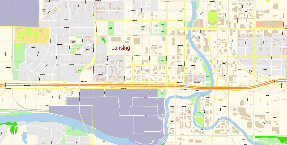 Lansing Michigan PDF Map Vector Exact City Plan detailed Street Map