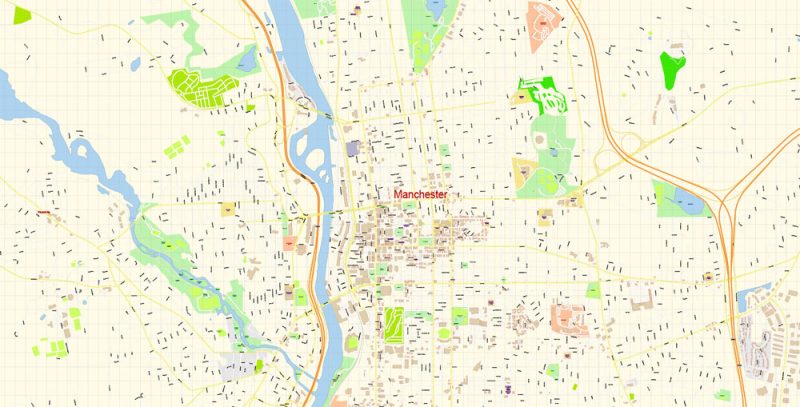 Manchester New Hampshire Map Vector Exact City Plan detailed Street Map editable Adobe Illustrator in layers