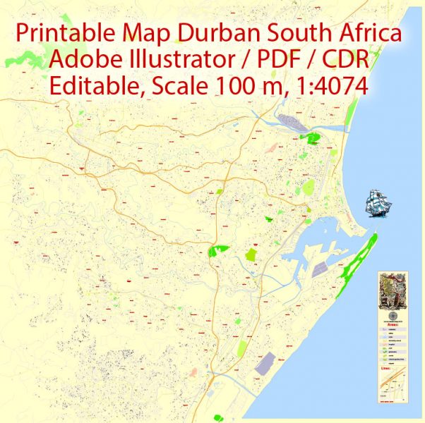 Map Durban South Africa, exact detailed City Plan