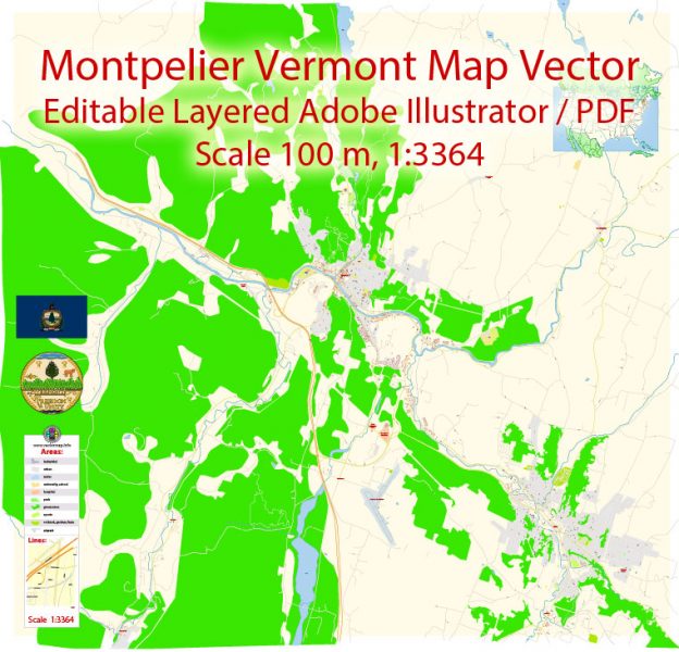 Montpelier Vermont Map Vector Exact City Plan detailed Street Map editable Adobe Illustrator in layers