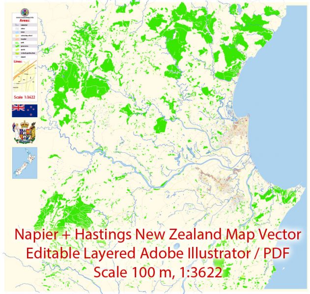 Napier + Hastings New Zealand Map Vector Exact City Plan detailed Street Map editable Adobe Illustrator in layers