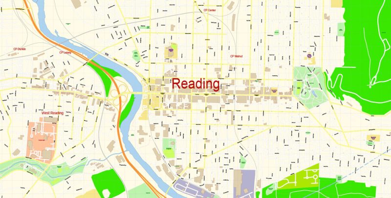 Reading Pennsylvania Map Vector Exact City Plan detailed Street Map editable Adobe Illustrator in layers