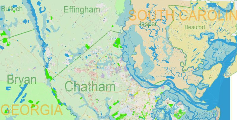 Savannah and Chatham County Georgia US Map Vector Exact City Plan detailed Street Map + Admin + ZIPcodes Map editable Adobe Illustrator in layers