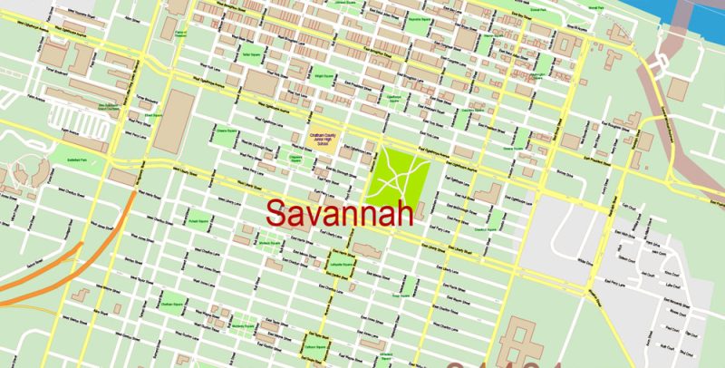 Savannah Chatham County Georgia Map Vector Exact City Plan detailed Street Map + Admin + ZIPcodes Map editable Adobe Illustrator in layers