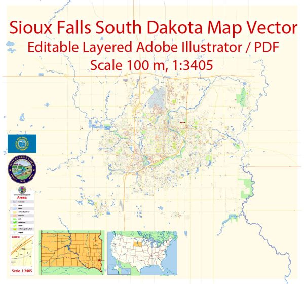 Sioux Falls South Dakota Map Vector Exact City Plan detailed Street Map editable Adobe Illustrator in layers