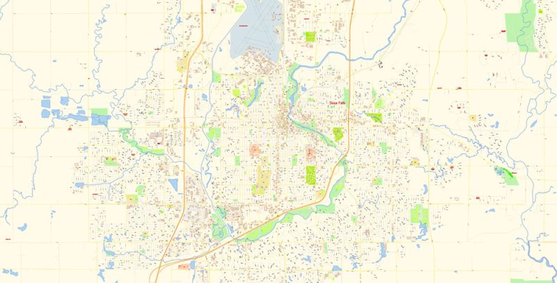 Sioux Falls South Dakota Map Vector Exact City Plan detailed Street Map editable Adobe Illustrator in layers