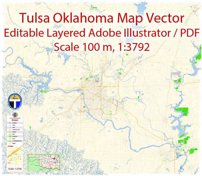 Tulsa Oklahoma Map Vector Exact City Plan detailed Street Map editable Adobe Illustrator in layers