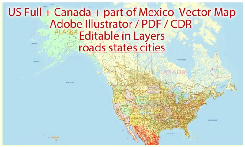 Map US Canada part of Mexico all Roads, Cities, States, all names