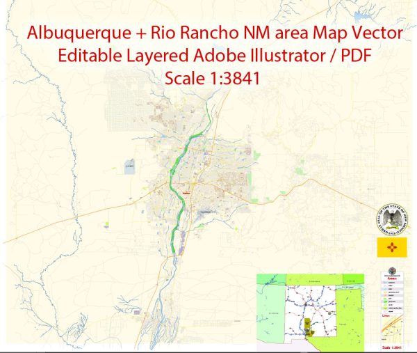 Albuquerque Rio Rancho New Mexico Map Vector Exact City Plan detailed Street Map editable Adobe Illustrator in layers