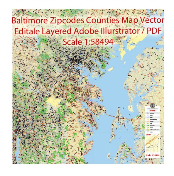Baltimore Maryland Map Vector Exact City Plan Low detailed Street Map + Zipcodes editable Adobe Illustrator in layers