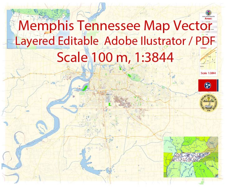 Memphis Tennessee Map Vector Exact City Plan detailed Street Map editable Adobe Illustrator in layers
