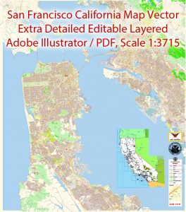 San Francisco + Oakland California Map Vector Exact City Plan extra detailed Street Map editable Adobe Illustrator in layers
