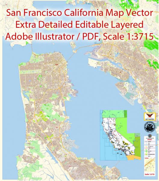 San Francisco + Oakland California Map Vector Exact City Plan extra detailed Street Map editable Adobe PDF in layers