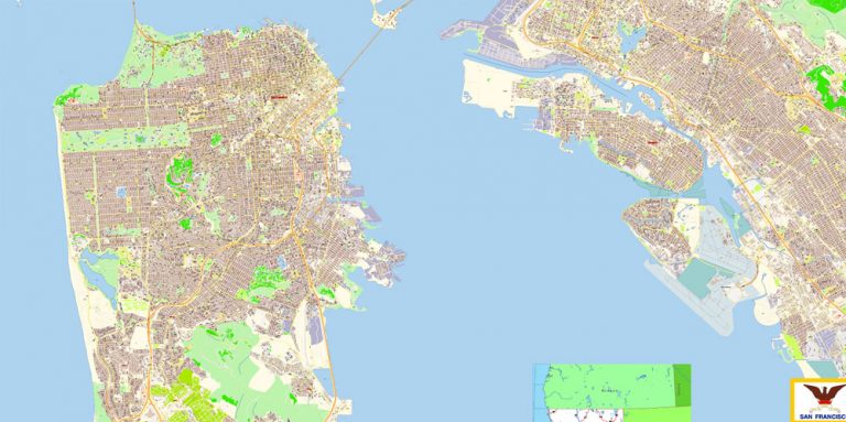 San Francisco + Oakland California PDF Map Vector Exact City Plan extra ...