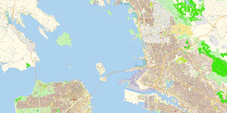 San Francisco + Oakland California PDF Map Vector Exact City Plan extra ...