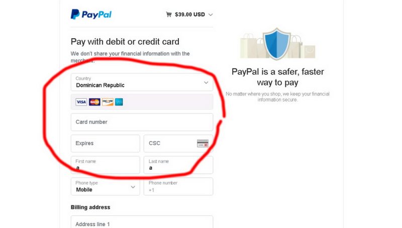 Step 4. Payment by any bank card window: Fill the form (Name, number of your bank card and CCV) - all transactions are FULLY secured by PayPal.