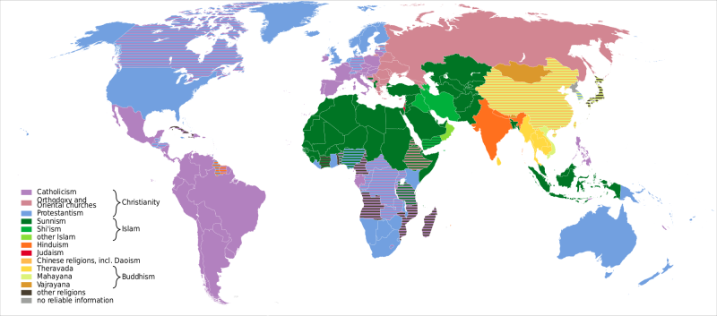 Map: Percentage of daily prayers by country; Religions of the World