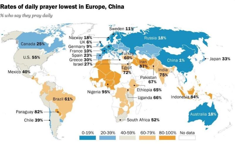 Map: Percentage of daily prayers by country