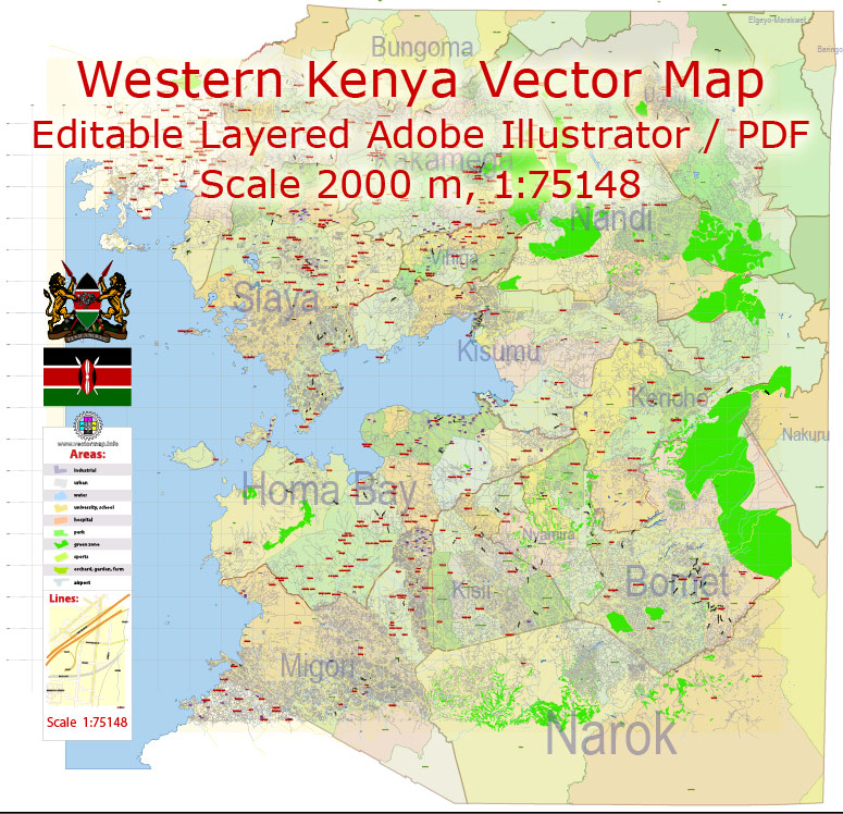 Kenya Western Part Map Vector Exact Country Plan detailed Road Admin Map editable Adobe Illustrator in layers