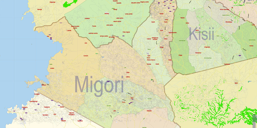 Kenya Western Part Map Vector Exact Country Plan detailed Road Admin Map editable Adobe Illustrator in layers