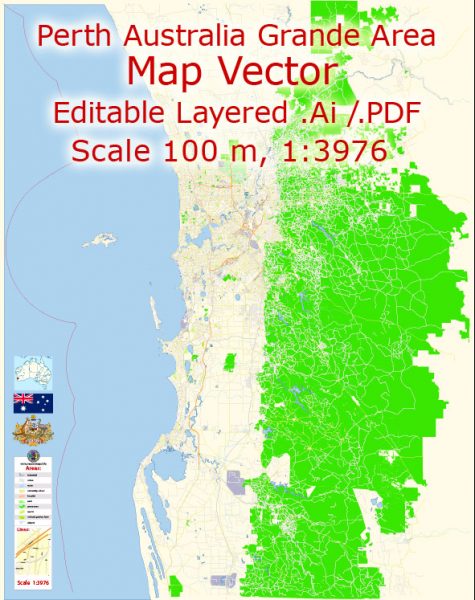 Perth Australia Map Vector Grande Exact City Plan detailed Street Map editable Adobe Illustrator in layers