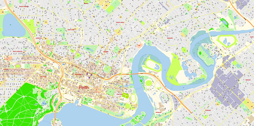 Printable Vector Map of Perth Grande Australia detailed City Plan scale 100 m 1:3976 full editable Adobe Illustrator Street Map in layers