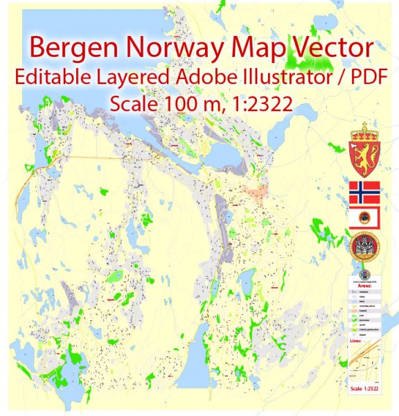 Bergen Norway Map Vector Grande Exact City Plan detailed Street Map editable Adobe Illustrator in layers